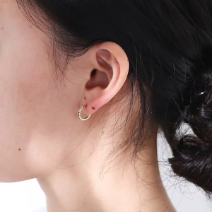 Elegant s925 silver C-shaped hoop earrings with colorful zircon worn by a model