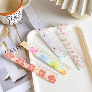 Close-up of 15cm transparent rulers with cute cartoon bear and monster patterns