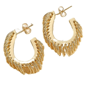 Golden C-shaped hoop earrings with textured spiral design and retro metal finish
