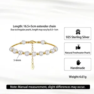 Adjustable S925 sterling silver bracelet with natural freshwater pearls and gold beads