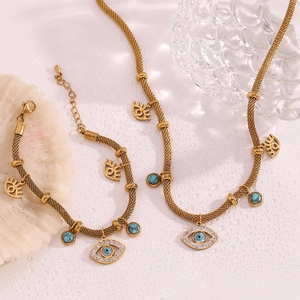 Bohemian gold stainless steel necklace and bracelet set with turquoise evil eye charms