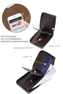 Detail view of brown leather wallet showing RFID blocking, card slots and cash pocket