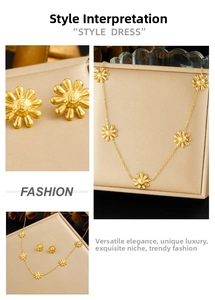 Detail of gold daisy flower pendant necklace and earrings set on jewelry stand