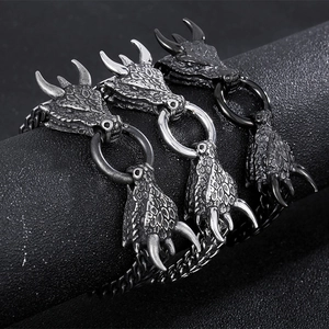 Retro dragon head stainless steel biker bracelet in black and silver vintage finishes