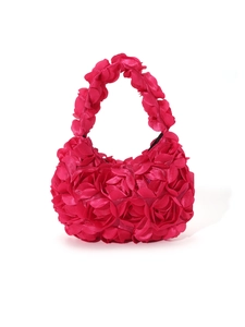 Detail of 3D rose petal textures on fuchsia satin crescent evening bag with floral handle