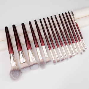 Professional 15pcs synthetic makeup brush set with red-brown handles and gold ferrules