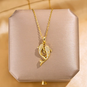 Luxurious 18K gold-plated titanium necklace with double dolphin sparkling crystal pendant