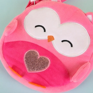 Cute pink plush owl shoulder bag for kids with sparkling heart and embroidery detail