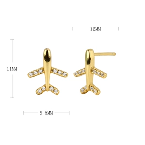 Detailed view of gold airplane earrings with white zircon accents and size measurements