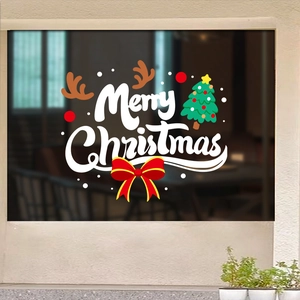 Christmas window stickers with Merry Christmas text, cartoon tree and reindeer bow design