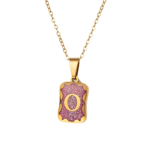 Gold stainless steel necklace featuring a purple rectangular pendant with letter O