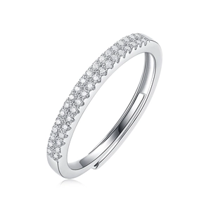 Close-up of silver-colored pavé adjustable ring with dual rows of inlaid crystals