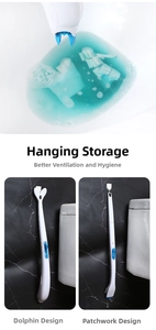 Detail of disposable toilet wand showing wall-mounted storage for dolphin and spliced styles