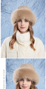 Detail of warm khaki faux fur winter hat with quilted top against snow forest