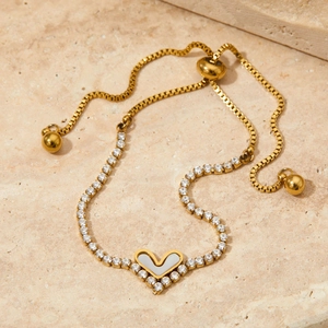 Heart Stainless Steel Bracelet Cubic Zirconia Mother Of Artificial Pearl Inlay Adjustable Sliding Chain Elegant Jewelry Women