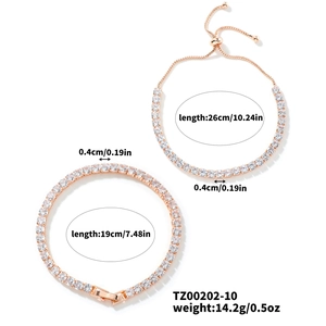Detail showing two rose gold tennis bracelets with white cubic zirconia and size dimensions