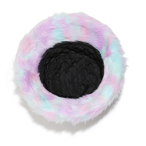 Detail view showing thick rainbow tie-dye faux fur texture and quilted thermal lining