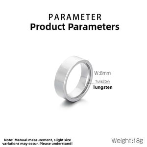 Detailed specifications of 8mm silver tungsten ring showing 18g weight and width