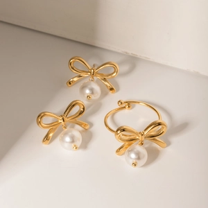 Bow Artificial Pearl Earrings 18K Gold Plated Stainless Steel With Heart Zircon Elegant Retro Drop Stud For Women Jewelry