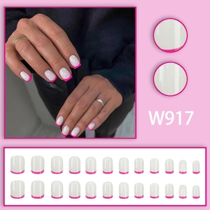 Faux ongles French blancs et rose néon minimalistes, lot de 24 pièces, modèle W917
