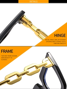 Detail of black frame with golden metal hinge and chain-style design on sunglasses
