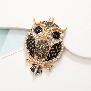 Sparkling diamond-encrusted owl pendant in gold finish with black enamel for DIY crafts