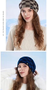 Detailed knit texture of checkered winter beanie hats with fleece lining and logo