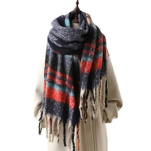 Thick plaid winter scarf with colorful tassels, cozy shawl for men and women