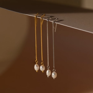 Elegant Artificial Baroque Pearl Threader Earrings For Women Gold Plated Long Chain Dangle Drop Jewelry Copper Fashion Accessory