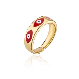 Macro view of gold-plated adjustable ring featuring red and white evil eye enamel droplets