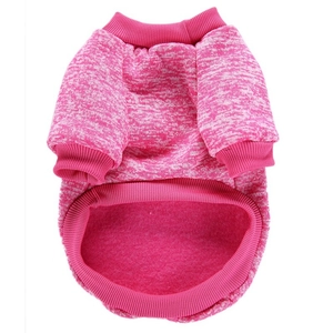 Detail of rose red knit puppy sweater showing ribbed collar and heathered texture