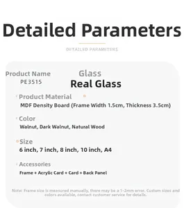 Detailed technical specifications for PE3515 MDF wood frame with real glass and dimensions