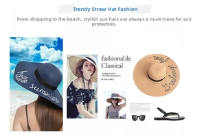 Collage of wide brim straw sun hats with chic embroidery and ribbon tie details