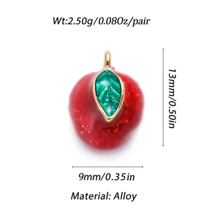 Detailed view of red enamel apple charm with dimensions and alloy material specs