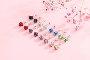 Close-up of sparkling S925 silver screw earrings with colorful micro-pave crystal balls