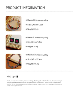 Detailed size and weight chart for rhinestone vintage square jewelry set in silver