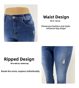 Vue détaillée du jean taille haute avec moustaches et déchirures usées sur le tissu en denim