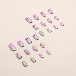 Pink heart press-on nails set with glitter and sweet lash pattern for women