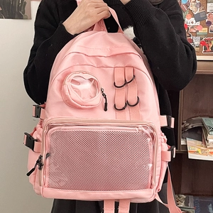 Pink minimalist aesthetic student backpack with large capacity and functional mesh pockets