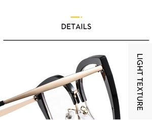 Close-up of elegant cat-eye glasses hinge detail with black and gold light texture frame