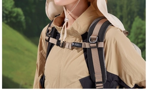 Detail of khaki sun protection hat with neck flap and wide brim for outdoor activities