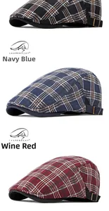Detalle de gorras clásicas de cuadros con hebillas metálicas ajustables y tejido de calidad