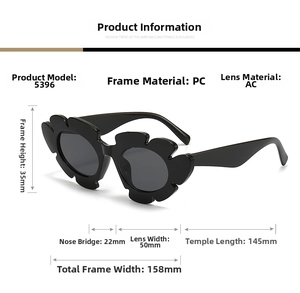 Detailed size chart of flower sunglasses with lens dimensions and PC frame specifications