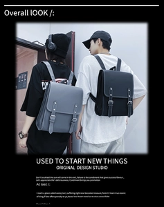 Detail of vintage soft leather backpack showing flap double buckle design on models