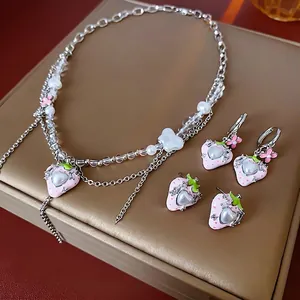 Rosa Erdbeere Halskette Ohrringe Herz Imitation Künstliche Perle Kupfer Zirkon Süß Mode Nische Schmuck Für Frauen