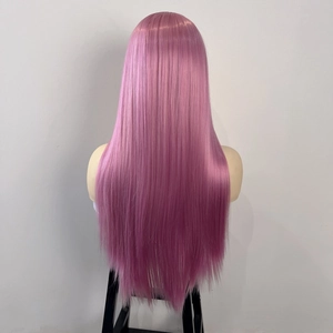 Detailed back view of long straight synthetic pink purple wig with smooth texture