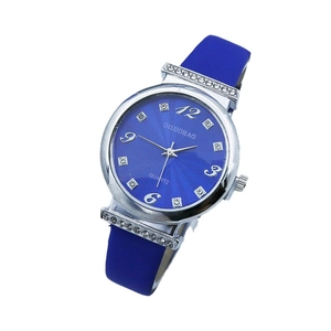Women's quartz watch with blue leather strap and crystal studded round silver case
