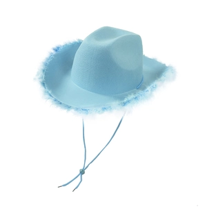 Sky blue western cowboy hat with matching feather trim and adjustable chin strap