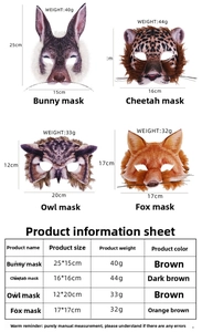 Tableau des tailles montrant les dimensions des masques de lapin, léopard, hibou et renard