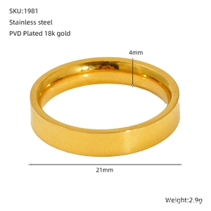 Detail showing 4mm wide 18K gold PVD plated stainless steel ring with 21mm diameter